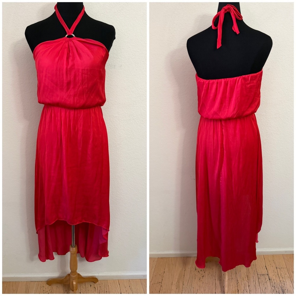 White House Black Market Red Halter‎ High-Low Dress Size 2 O-Ring Neck Tie Back